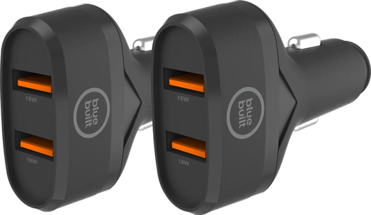 BlueBuilt Quick Charge Autolader met 2 Usb A Poorten 18W Zwart Duo Pack