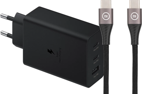 Samsung Oplader met 3 Usb Poorten 65W Zwart + Usb C Kabel Nylon Zwart 1,5m