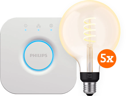 Philips Hue Filament White Ambiance Globe XL 5-Pack + Bridge