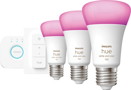Philips Hue White and Color Starter Pack E27 met 3 lampen, dimmer + Bridge