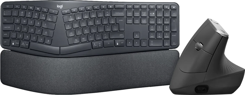 Logitech K860 + Logitech MX Vertical Ergo Muis