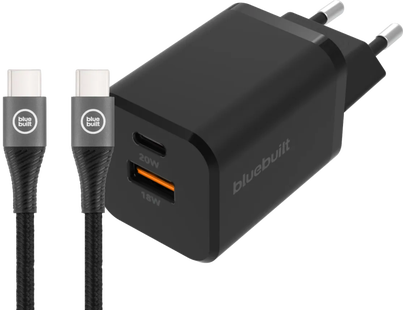 BlueBuilt Snellader met 2 Usb Poorten 38W Zwart + Usb C Kabel 1,5m