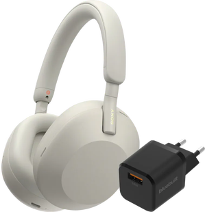 Sony WH-1000XM5 Zilver + BlueBuilt Quick Charge Oplader met Usb A Poort 18W Zwart