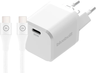 BlueBuilt Power Delivery Oplader 20W + Usb C Kabel 1,5m Nylon Wit