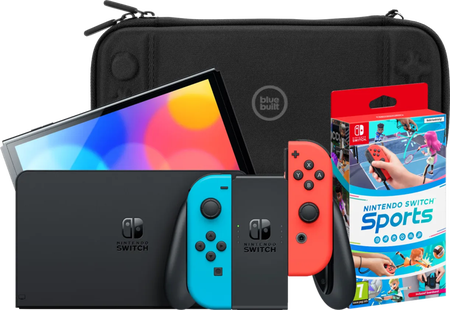 Nintendo Switch OLED Blauw/Rood + Nintendo Switch Sports + BlueBuilt Beschermhoes