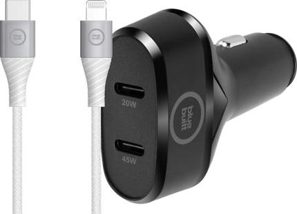 BlueBuilt Power Delivery Autolader 45W Zwart + Lightning Kabel 1,5 Nylon Wit