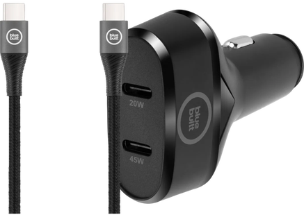 BlueBuilt Power Delivery Autolader 45W Zwart + Usb C Kabel 1,5 Nylon Zwart