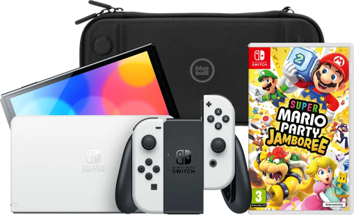 Nintendo Switch OLED Wit + Mario Party Jamboree + BlueBuilt Beschermhoes