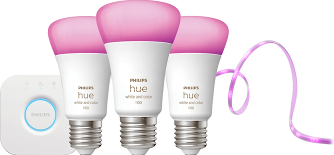 Philips Hue White and Color Startpakket E27 3-pack + Solo Led Strip 3m