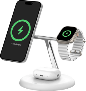 Belkin Boost Charge Pro MagSafe en Qi2 3-in-1 Draadloze Oplader 15W met Standaard Wit