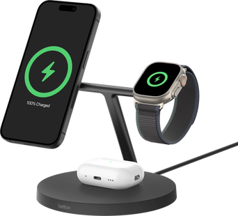 Belkin Boost Charge Pro MagSafe en Qi2 3-in-1 Draadloze Oplader 15W met Standaard Zwart