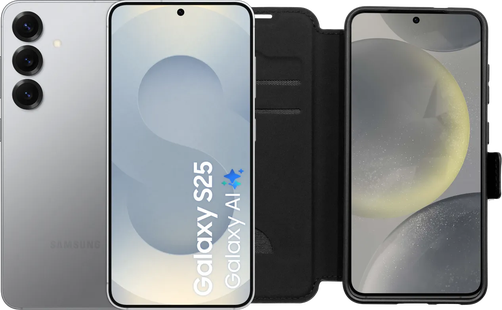 Samsung Galaxy S25 128GB Zilver 5G + BlueBuilt Book Case Zwart