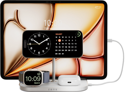 Zens 4-in-1 MagSafe met Qi2 Draadloze Oplader 15W met Standaard, Watch Stand en iPad Stand