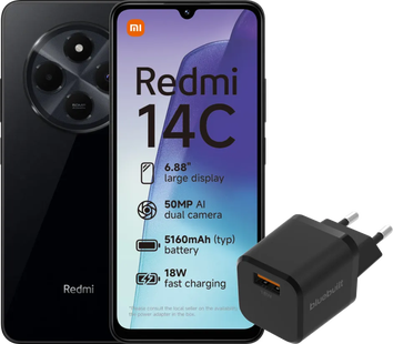 Redmi 14C 128GB Zwart 4G + BlueBuilt Oplader met Usb A Poort 18W Zwart