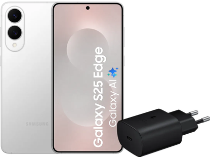 Samsung Galaxy S25 Edge 256GB Zilver 5G + Samsung Oplader 25 Watt Zwart