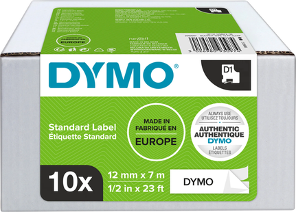 DYMO D1 12mm x 7m 10 tapes Zwart Wit Labels