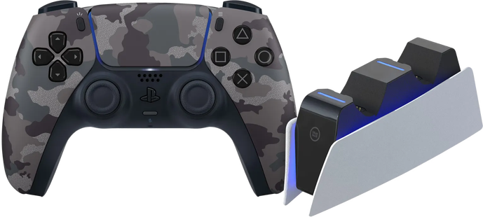 Sony PlayStation 5 DualSense Draadloze Controller Grey Camo + BlueBuilt Oplaadstation