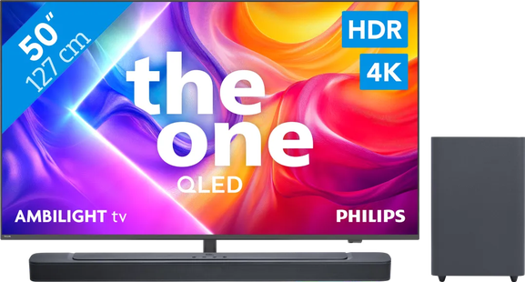 Philips Ambilight 50 PUS9000 QLED 4K (2025) + JBL Bar 2.1 Deep Bass M2 Zwart