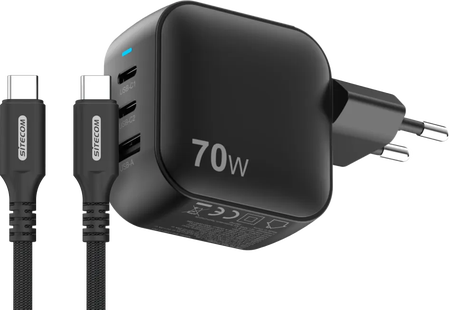 Sitecom 70W GaN Power Delivery Wandoplader + Sitecom USB-C naar USB-C Kabel 2m