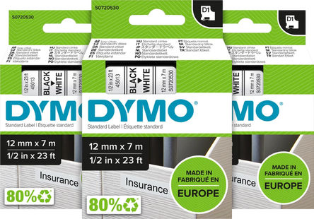 DYMO D1 12mm x 7m Zwart Wit Labels 3-pack