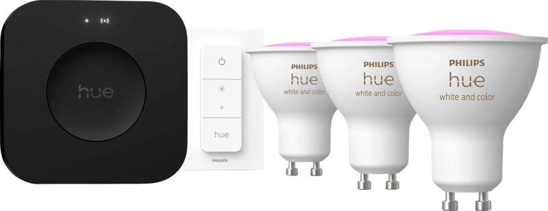 Philips Hue White and Color Starter Pack GU10 3-pack + Bridge Pro + dimmer
