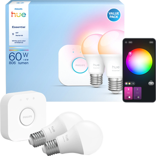 Philips Hue Essential A60 White and Color Starter Pack E27 806lm 2-pack + Bridge