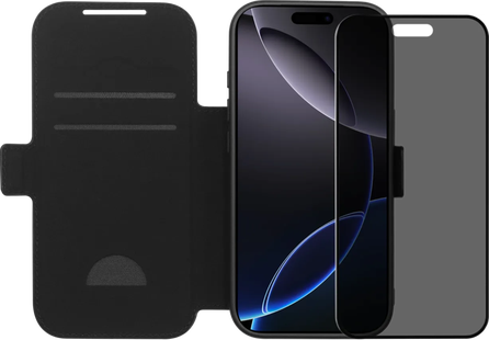 BlueBuilt Apple iPhone 17 Pro Book Case Leer Zwart + BlueBuilt iPhone 17 Pro Privacy Screenprotector Glas