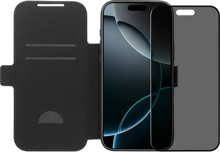 BlueBuilt Apple iPhone 17 Pro Max Book Case Leer Zwart + BlueBuilt iPhone 17 Pro Max Privacy Screenprotector Glas