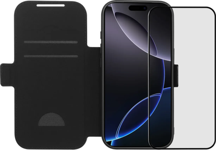 BlueBuilt Apple iPhone 17 Pro Book Case Leer Zwart + BlueBuilt iPhone 17 Pro Screenprotector Glas
