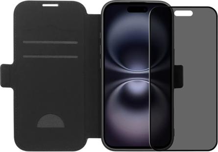BlueBuilt Apple iPhone 17 Book Case Leer Zwart + iPhone 17 Privacy Screenprotector Glas