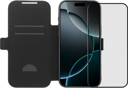 BlueBuilt Apple iPhone 17 Pro Max Book Case Leer Zwart + BlueBuilt iPhone 17 Pro Max Screenprotector Glas