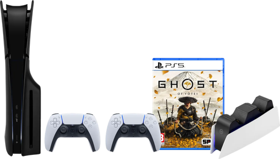 PS5 Slim Disc Edition + Ghost of Yotei + Covers Zwart + Extra Controller Wit + Oplaadstation