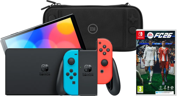 Nintendo Switch OLED Blauw/Rood + EA Sports FC 26 + BlueBuilt Beschermhoes