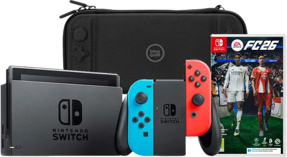 Nintendo Switch Rood/Blauw + EA Sports FC 26 + BlueBuilt Beschermhoes