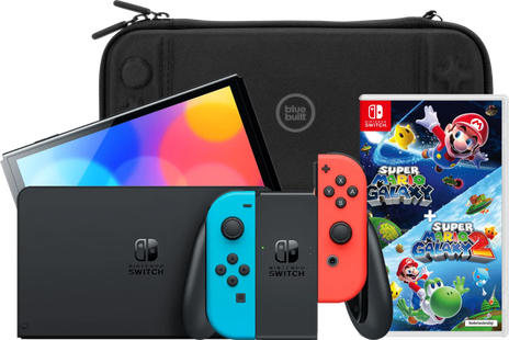 Nintendo Switch OLED Blauw/Rood + Super Mario Galaxy 1+2 + BlueBuilt Beschermhoes