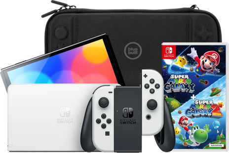Nintendo Switch OLED Wit + Super Mario Galaxy 1+2 + BlueBuilt Beschermhoes