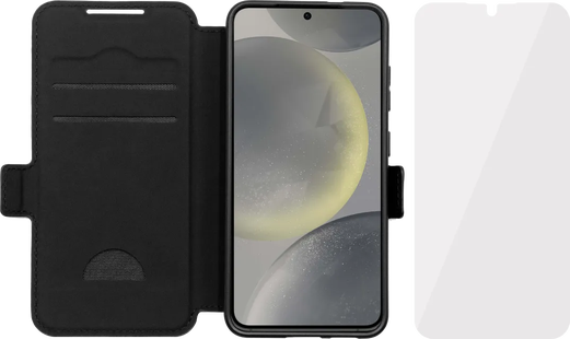 BlueBuilt Samsung Galaxy S25 Book Case Leer Zwart + BlueBuilt Screenprotector Glas