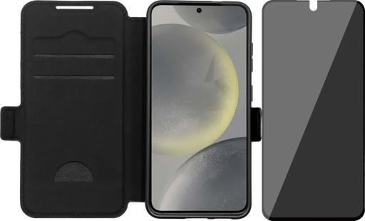 BlueBuilt Samsung Galaxy S25 Book Case Leer Zwart + BlueBuilt Privacy Screenprotector Glas