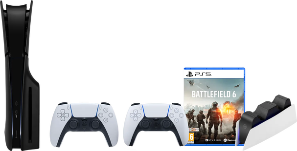 PS5 Slim Disc Edition + Battlefield 6 + Covers Zwart + Extra Controller Wit + Oplaadstation