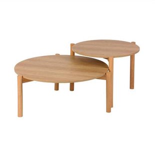 sweeek - 2 ronde bijzettafels, salontafel, houteffect