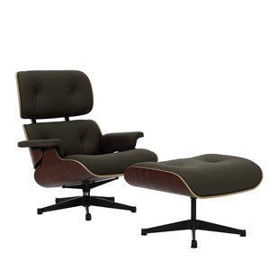 Vitra Eames Lounge Chair En Ottoman Walnoot Donker (nieuwe Afmeting) Zwart Gepolijst Onderstel/zitting Premium Leer Khaki