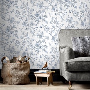 Papierbehang Bloemen - Offwhite - Blauw - Antraciet - 10,05m X 52,8cm