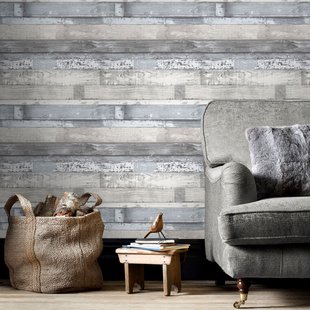 Papierbehang Sloophout - Blauw - Grijs - 10,05 M X 52,8 Cm