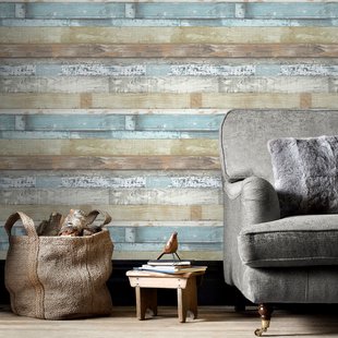 Papierbehang Sloophout - Beige - Blauw - Taupe - Grijs - 10,05m X 52,8cm