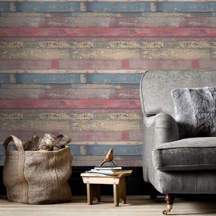 Papierbehang Sloophout - Rood - Beige - Blauw - 10,05m X 52,8cm