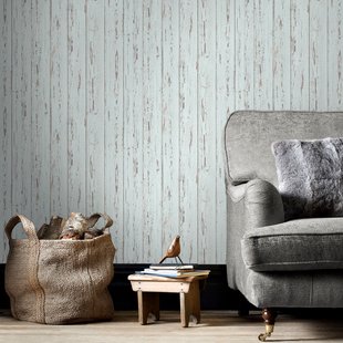 Papierbehang Oude Planken - Lichtblauw - Taupe - Bruin - 10,05 M X 52,8 Cm