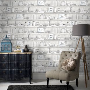 Papierbehang Brocante Kast - Grijs - Wit - 10,05 M X 52,8 Cm