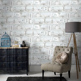 Papierbehang Brocante Kast - Grijs - Lichtblauw - Wit - 10,05m X 52,8cm