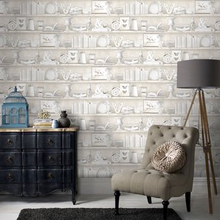 Papierbehang Brocante Kast - Beige - Wit - 10,05m X 52,8cm