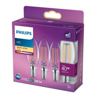 Philips Ledfilamentlamp Kaars - D3,5cm - Warm Wit - E14 - 4,3w - 3 Stuks